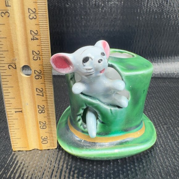 Vintage Small Mouse In Green Top Hat Toothpick Holder Ceramic Made In Japan VTG - Picture 2 of 9